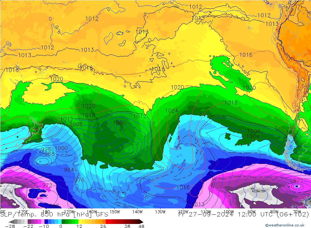 SLP/Temp. 850 гПа GFS пт 27.09.2024 12 UTC