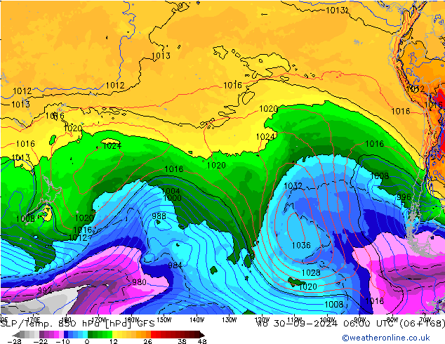 SLP/Temp. 850 hPa GFS pon. 30.09.2024 06 UTC