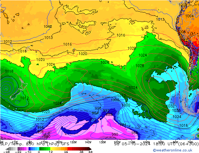 SLP/Temp. 850 hPa GFS so. 05.10.2024 18 UTC