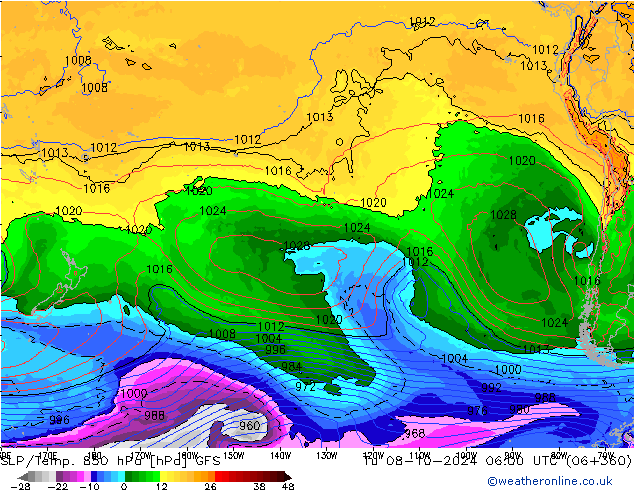 SLP/Temp. 850 hPa GFS di 08.10.2024 06 UTC