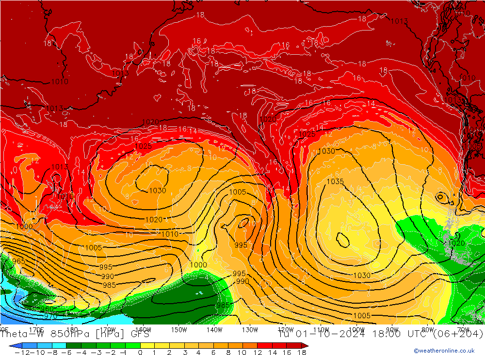 Theta-W 850hPa GFS mar 01.10.2024 18 UTC