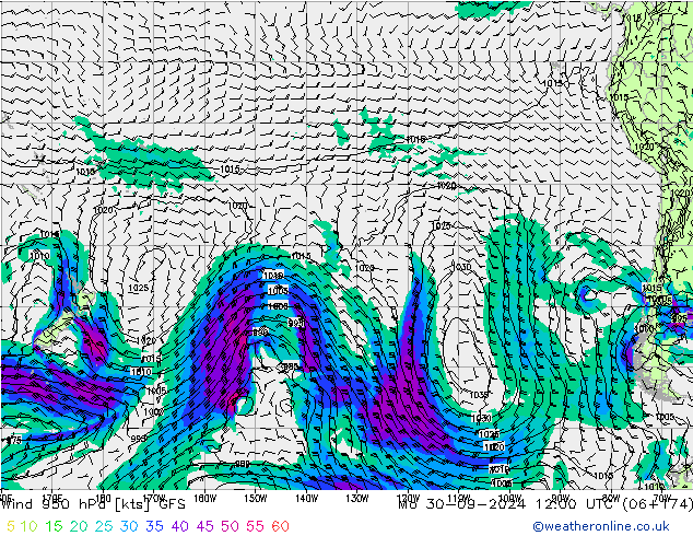 Vento 950 hPa GFS lun 30.09.2024 12 UTC