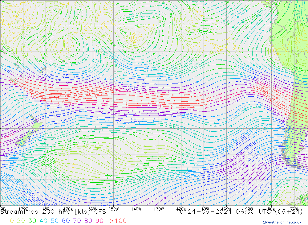 Ligne de courant 200 hPa GFS mar 24.09.2024 06 UTC