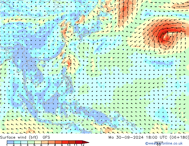 wiatr 10 m (bft) GFS pon. 30.09.2024 18 UTC