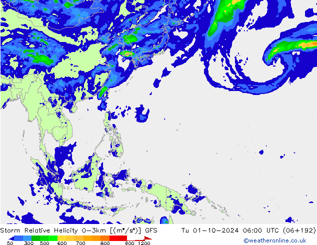 Storm Relative Helicity GFS Tu 01.10.2024 06 UTC