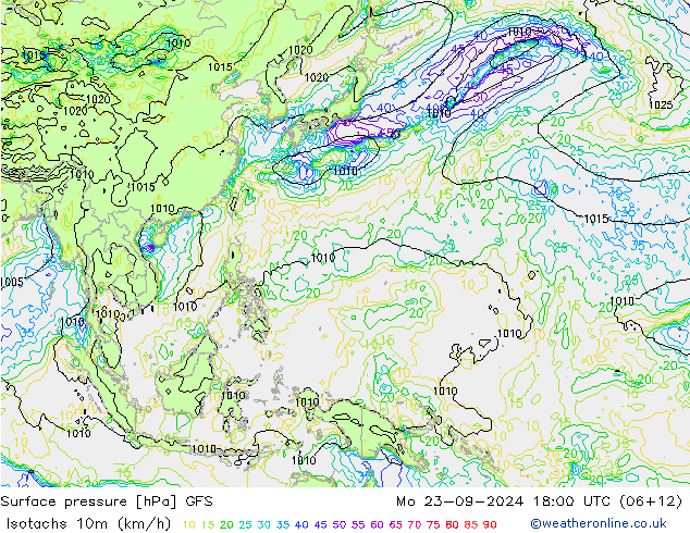 Isotachs (kph) GFS Mo 23.09.2024 18 UTC