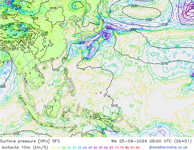 Isotachs (kph) GFS mer 25.09.2024 09 UTC