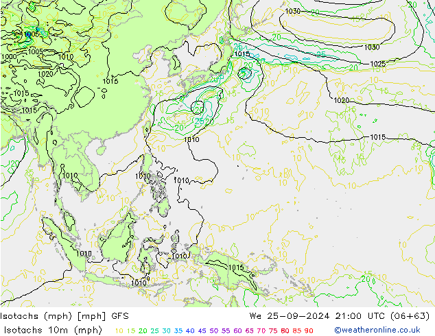 Isotachs (mph) GFS ср 25.09.2024 21 UTC