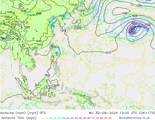 Izotacha (mph) GFS pon. 30.09.2024 12 UTC