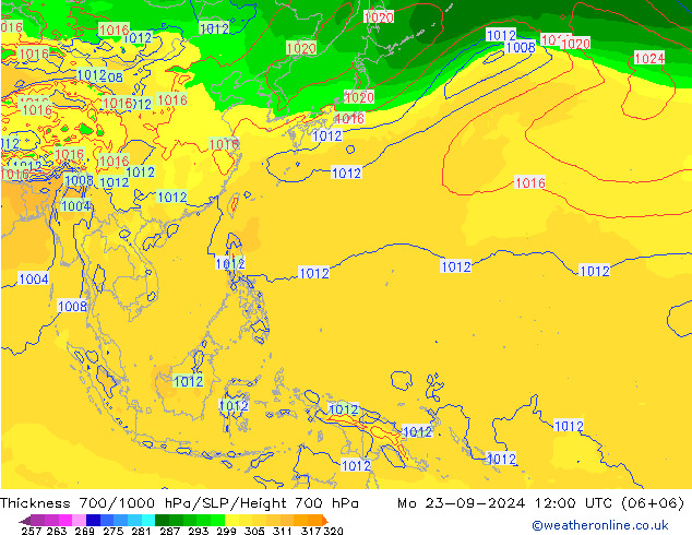 700-1000 hPa Kalınlığı GFS Pzt 23.09.2024 12 UTC