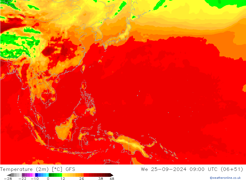 Temperatura (2m) GFS mié 25.09.2024 09 UTC