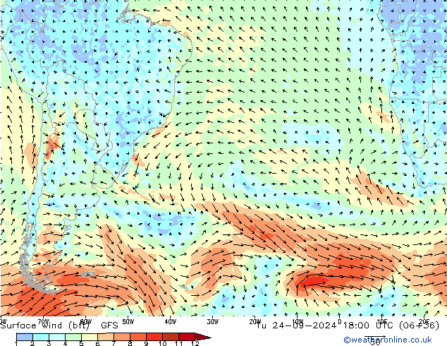 Wind 10 m (bft) GFS di 24.09.2024 18 UTC