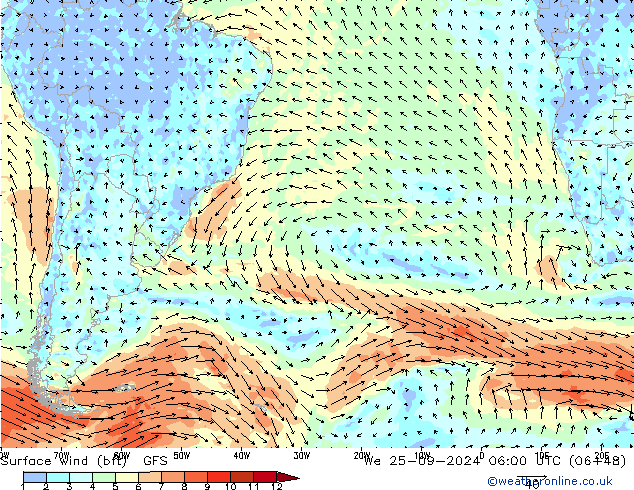 Surface wind (bft) GFS We 25.09.2024 06 UTC