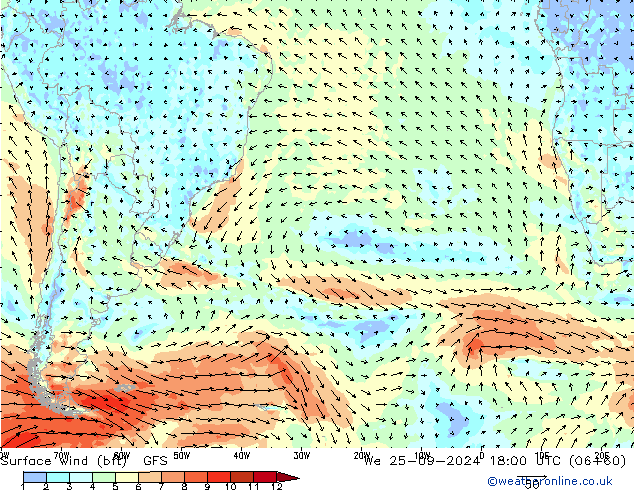 Vento 10 m (bft) GFS Qua 25.09.2024 18 UTC