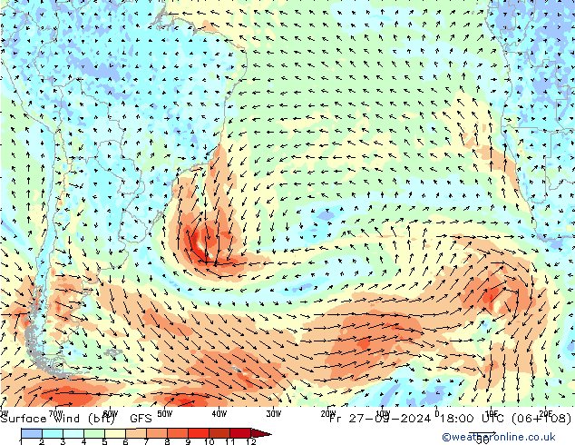 Surface wind (bft) GFS Fr 27.09.2024 18 UTC