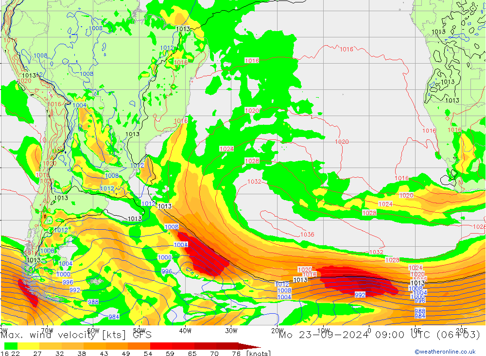 Max. wind velocity GFS pon. 23.09.2024 09 UTC