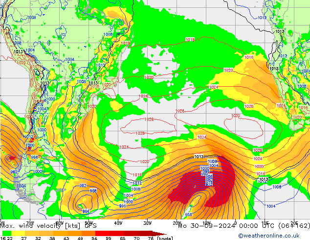 Max. wind velocity GFS pon. 30.09.2024 00 UTC