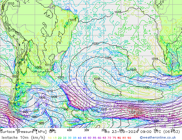 Isotachs (kph) GFS Mo 23.09.2024 09 UTC