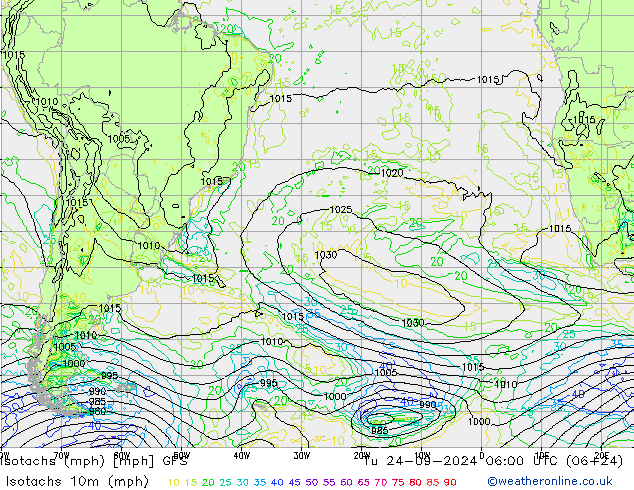 Izotacha (mph) GFS wto. 24.09.2024 06 UTC