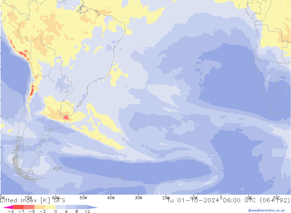 Lifted Index GFS di 01.10.2024 06 UTC