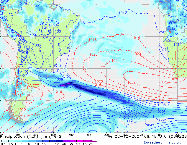 Totale neerslag (12h) GFS wo 02.10.2024 18 UTC