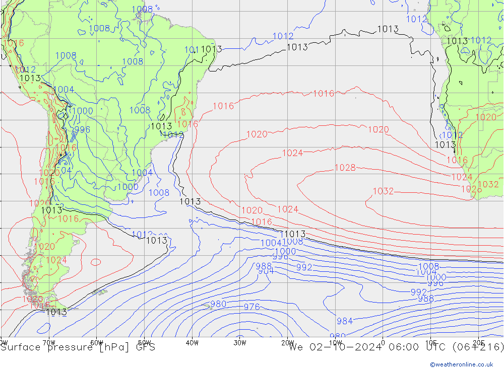 Presión superficial GFS mié 02.10.2024 06 UTC