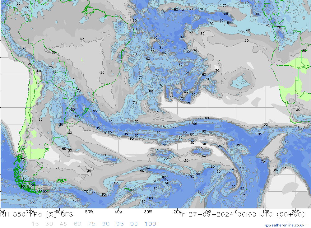 RH 850 hPa GFS Fr 27.09.2024 06 UTC