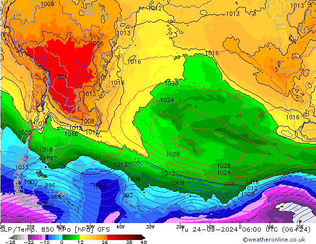 850 hPa Yer Bas./Sıc GFS Sa 24.09.2024 06 UTC