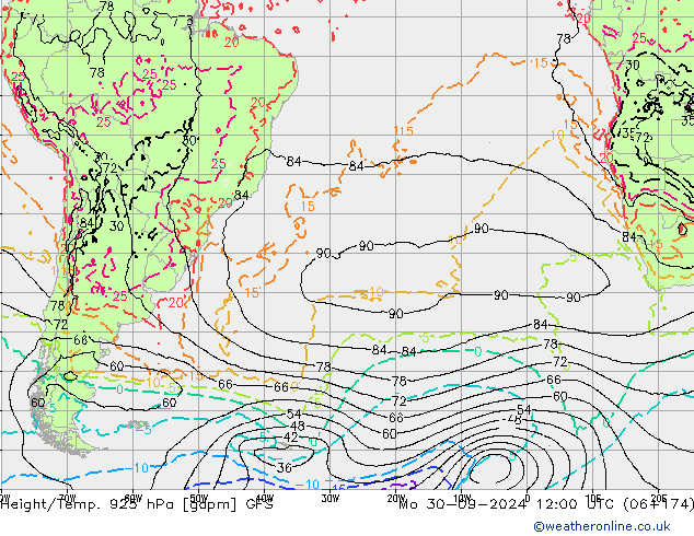 Height/Temp. 925 hPa GFS Mo 30.09.2024 12 UTC