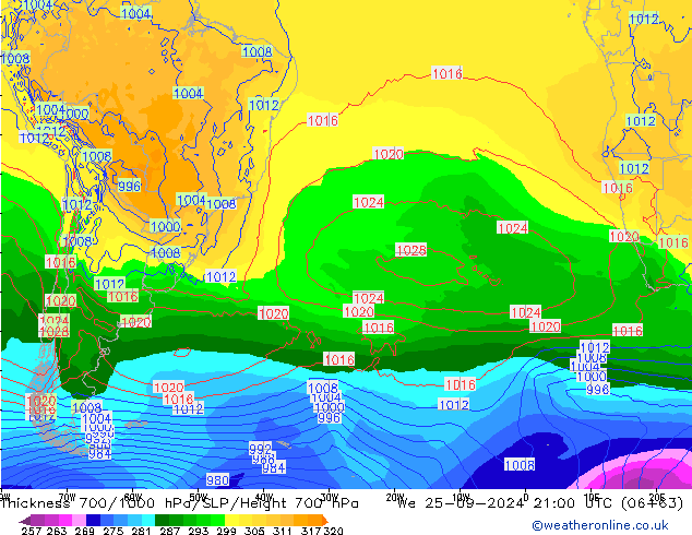 Thck 700-1000 hPa GFS  25.09.2024 21 UTC