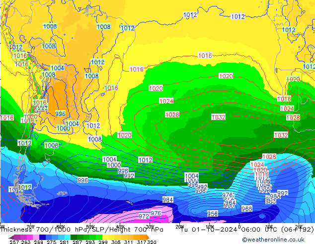 Espesor 700-1000 hPa GFS mar 01.10.2024 06 UTC