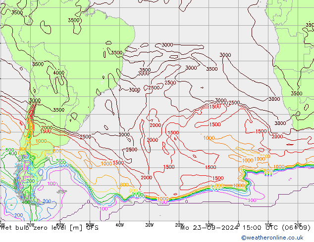 Wet bulb zero level GFS pon. 23.09.2024 15 UTC