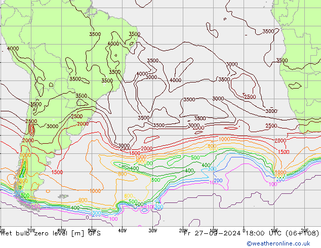 Wet bulb zero level GFS Fr 27.09.2024 18 UTC