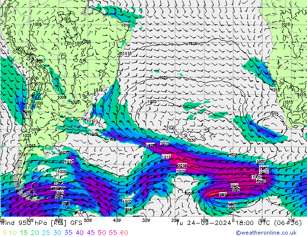 ветер 950 гПа GFS вт 24.09.2024 18 UTC