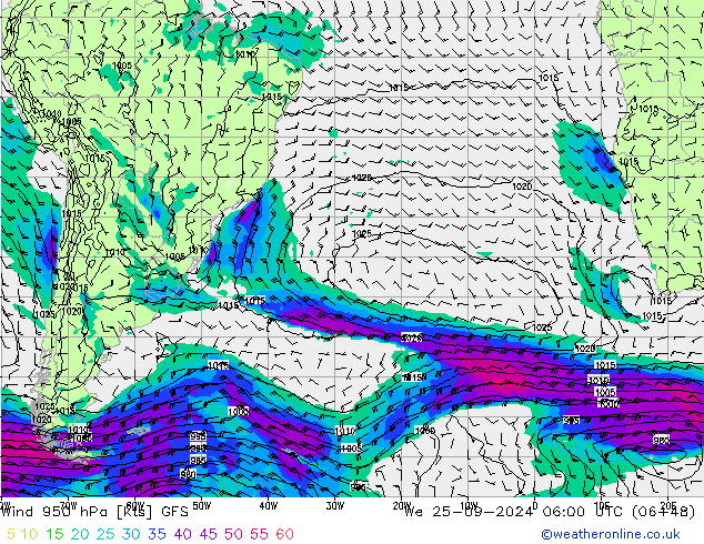 Wind 950 hPa GFS We 25.09.2024 06 UTC