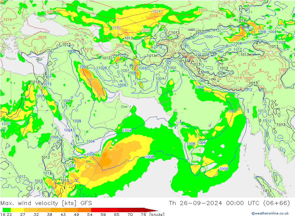 Max. wind velocity GFS czw. 26.09.2024 00 UTC