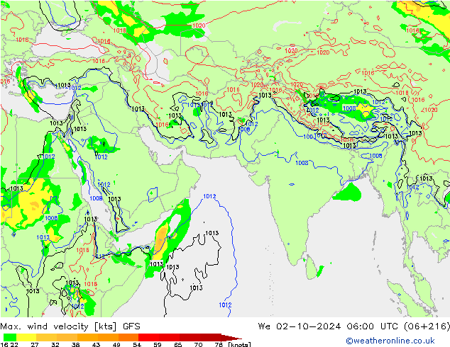 Max. wind velocity GFS śro. 02.10.2024 06 UTC