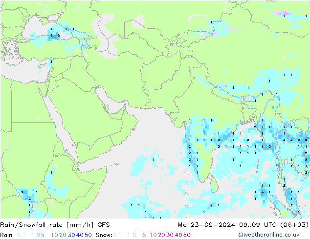 Rain/Snowfall rate GFS lun 23.09.2024 09 UTC