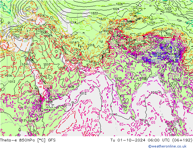 Theta-e 850hPa GFS Tu 01.10.2024 06 UTC