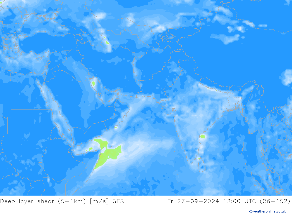 Deep layer shear (0-1km) GFS ven 27.09.2024 12 UTC