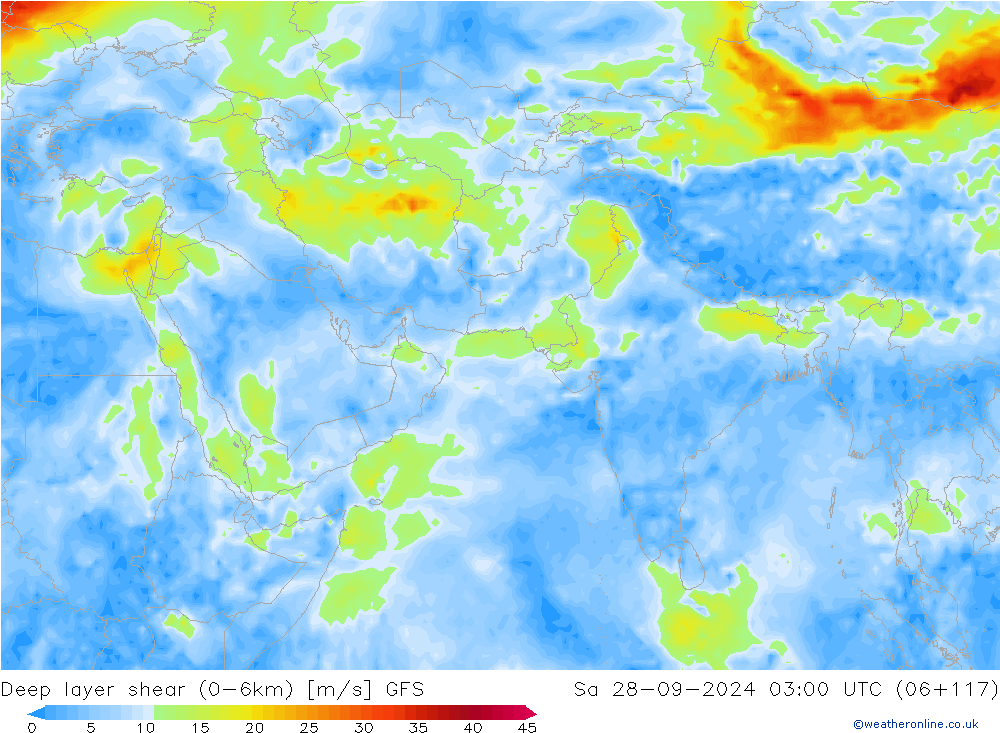 Deep layer shear (0-6km) GFS sam 28.09.2024 03 UTC