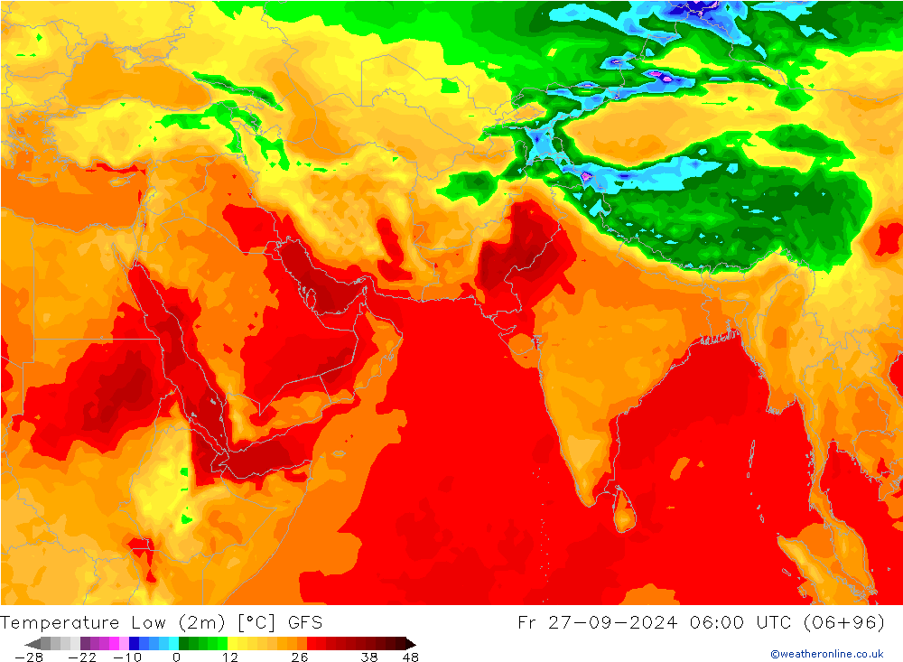 Min.temperatuur (2m) GFS vr 27.09.2024 06 UTC