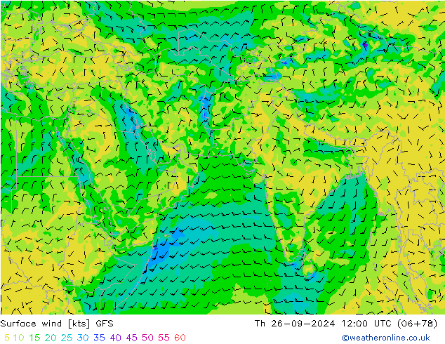 wiatr 10 m GFS czw. 26.09.2024 12 UTC