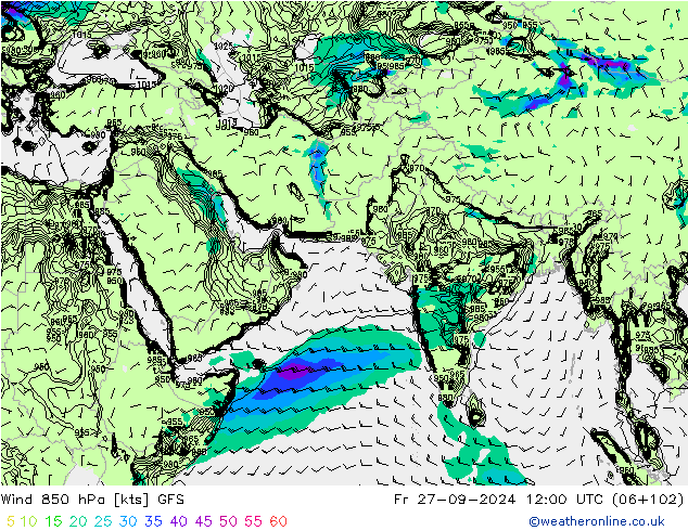 Rüzgar 850 hPa GFS Cu 27.09.2024 12 UTC