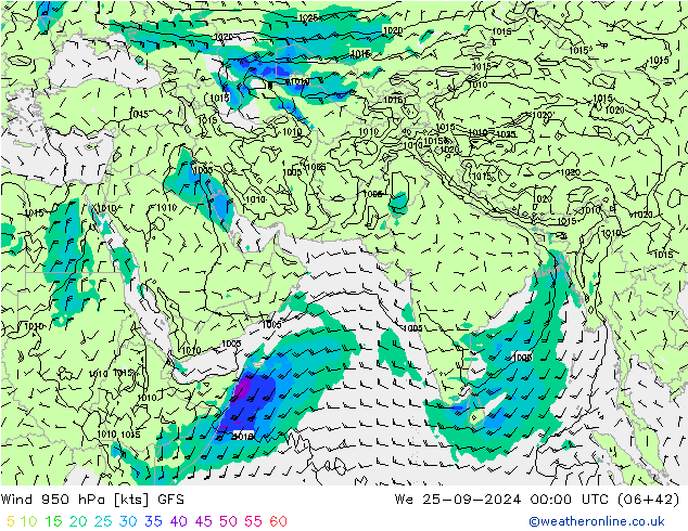 Wind 950 hPa GFS We 25.09.2024 00 UTC