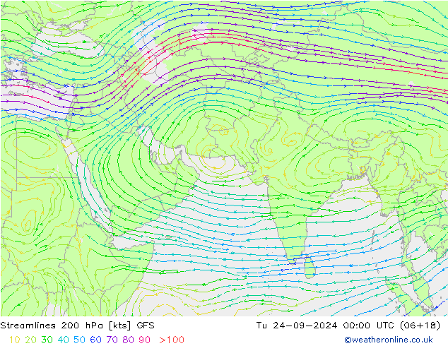 Streamlines 200 hPa GFS Tu 24.09.2024 00 UTC