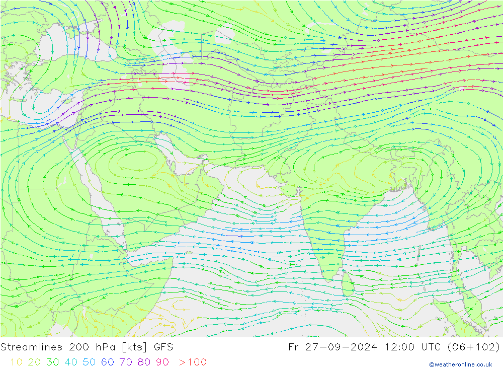 Streamlines 200 hPa GFS Fr 27.09.2024 12 UTC