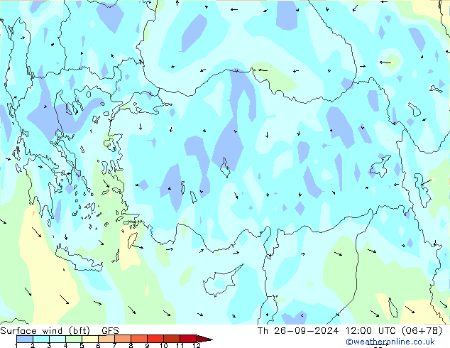  10 m (bft) GFS  26.09.2024 12 UTC