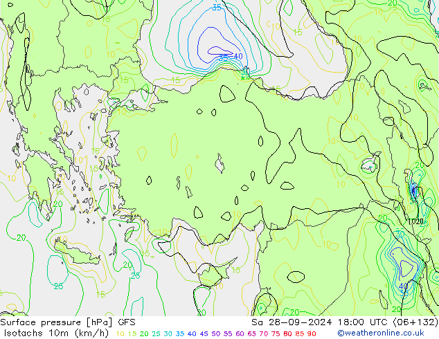 Izotacha (km/godz) GFS so. 28.09.2024 18 UTC