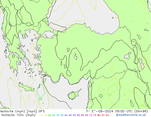 Isotaca (mph) GFS vie 27.09.2024 06 UTC